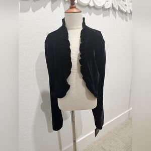 NWT I.N. San Francisco Black Ruffled Velvet-Velour Shrug/Bolero/Jacket Sz Small
